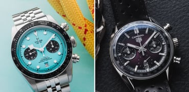 Sunday Morning Showdown: Tudor Black Bay Chrono “Flamingo Blue” Vs. TAG Heuer Carrera Chronograph Glassbox In Purple