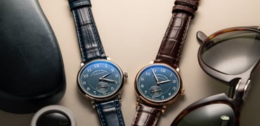 34mm white and pink gold A. Lange & Söhne 1815 flat-lay with sunglasses and loupe