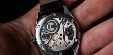 King Seiko 45KS with sapphire case back in hand