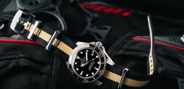 black-dial Certina DS Action Diver 40.5mm on side, crown up