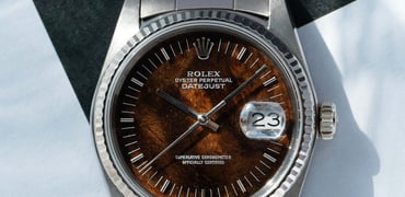Rolex Datejust ref. 16019 with a burl wood dial, hero shot