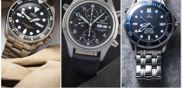 '90s watch design collage — Seiko SKX007, IWC Doppelchronograph, and Omega Seamaster Professional 300M