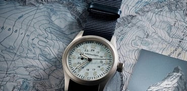 Hamilton Khaki Field Mechanical Zermatt Exclusive Edition flat on solid-color NATO strap