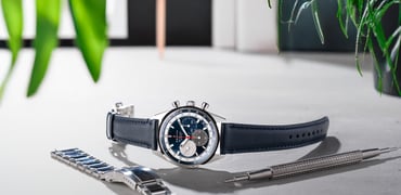 blue-dial Zenith Chronomaster Original on leather strap with crown up