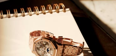 38mm pink gold Audemars Piguet Royal Oak Selfwinding Perpetual Calendar, crown up on notebook