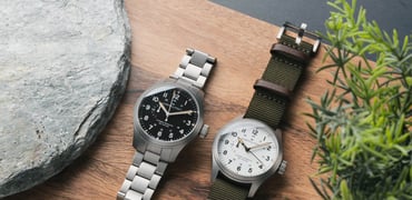Hamilton Khaki Field Mechanical Power Reserve models side by side, flat-lay