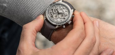 using chronograph function of Omega Speedmaster Grey Side of the Moon on wrist