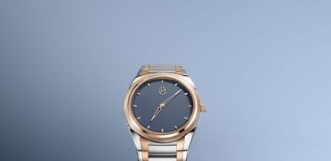 Parmigiani Fleurier Tonda PF Micro-Rotor in steel, rose gold, and stone blue, head on