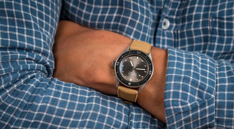 38mm Blancpain Bathyscaphe on wrist, arms crossed