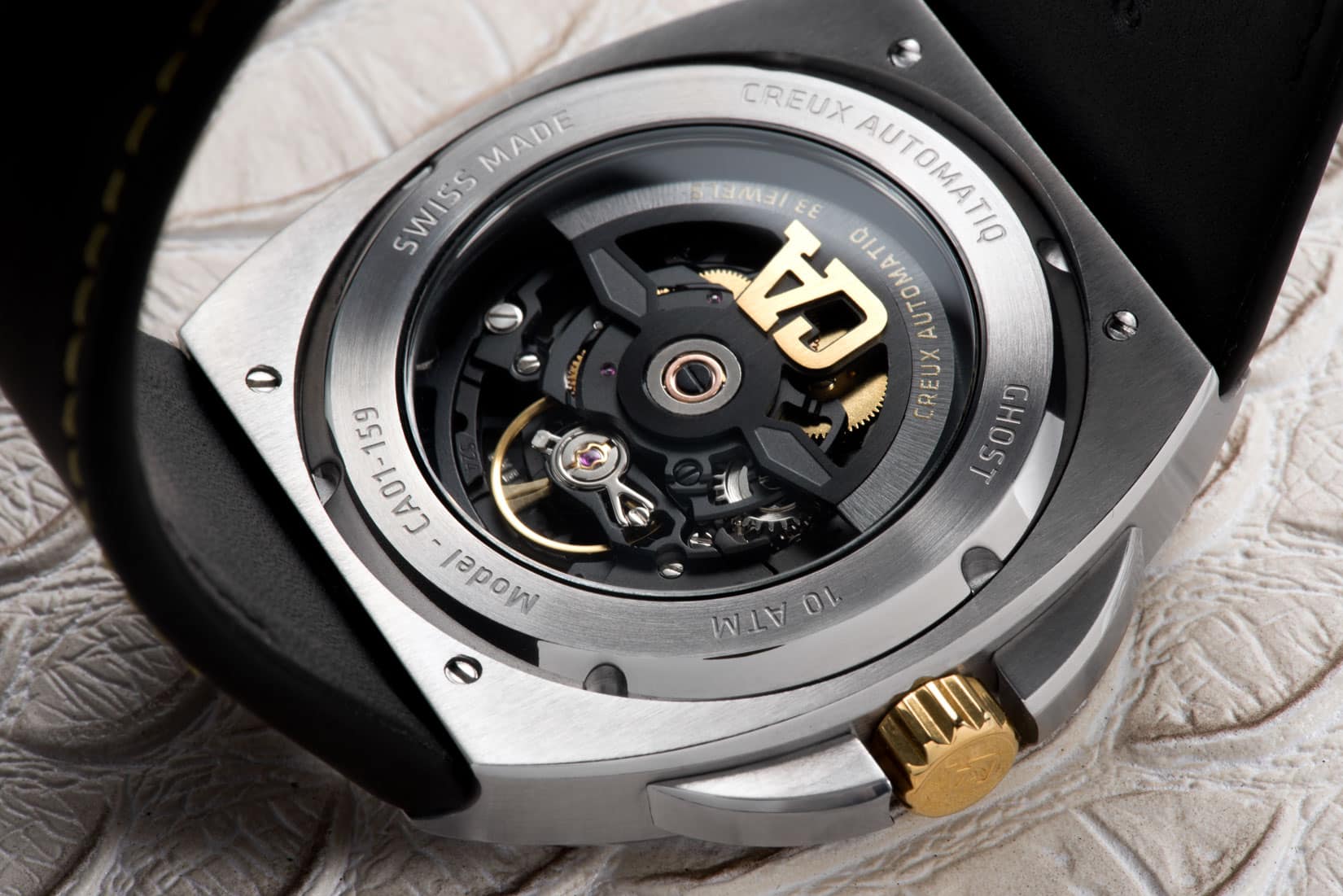 The Ghost CA-01 sapphire crystal back reveals the movement inside