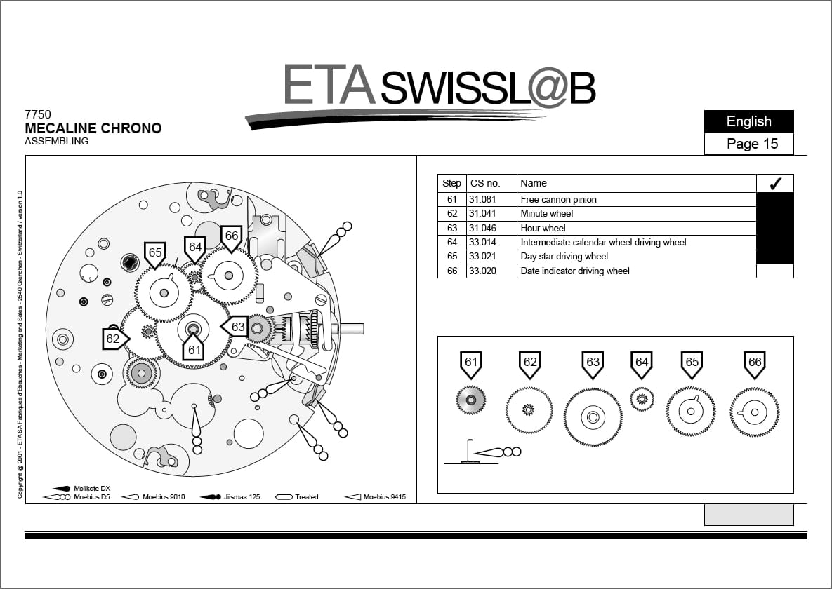 chronographs ETA 7750 Valjoux movement drawing chronographs