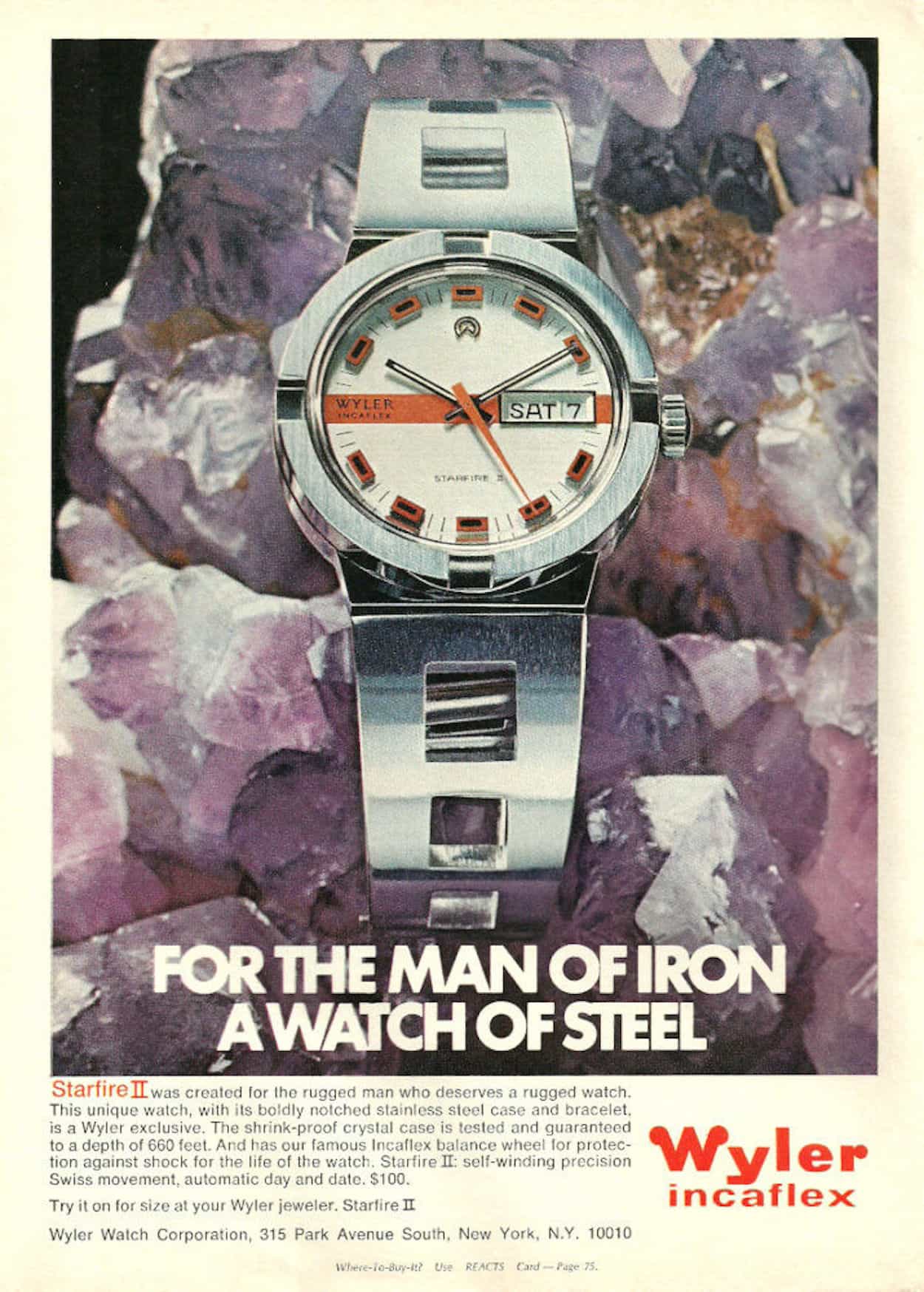 A Wyler ad discussing the warranty on its crystal