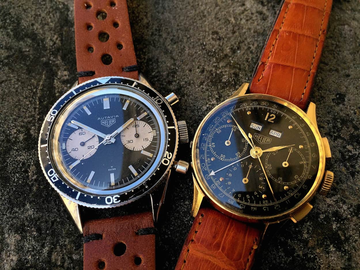 Heuer (left) Autavia "Andretti" ref.3646 and (right) Triple Calendar ref.2558 