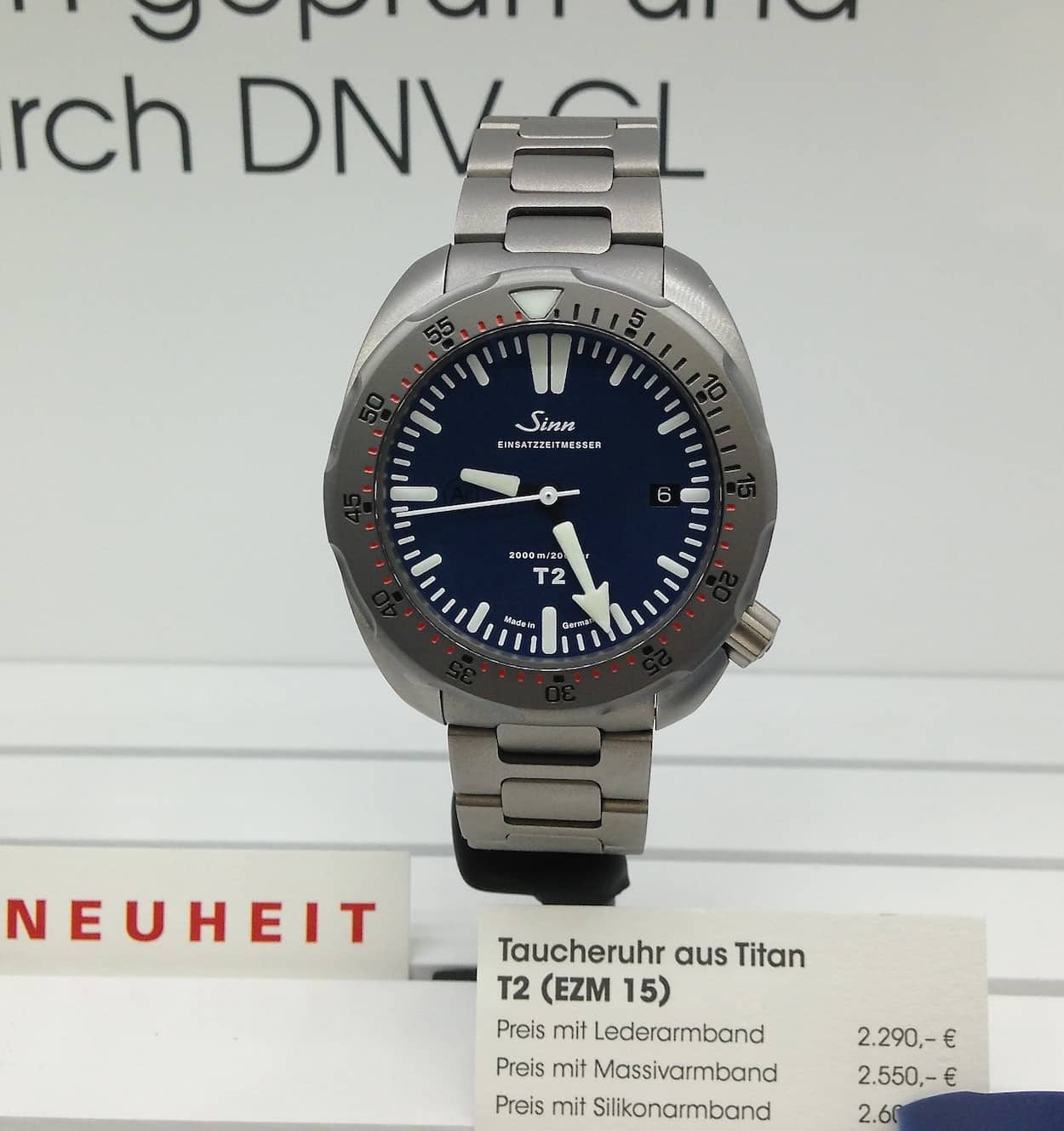 Sinn T2 blue on bracelet