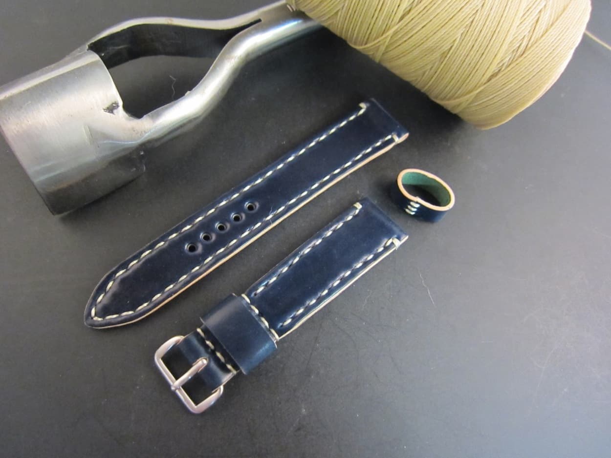 A tapered Arts & Crafts strap from Rover Haven in Navy Horween shell cordovan