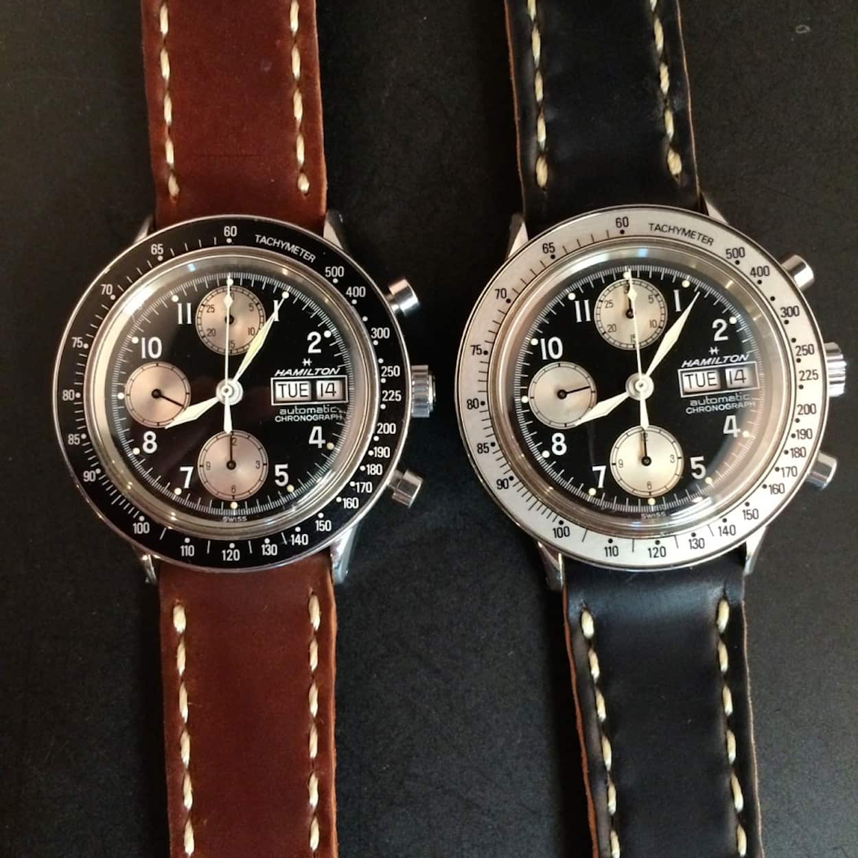 A couple "funky" Hamilton chronographs on Rover Haven Arts & Crafts straps