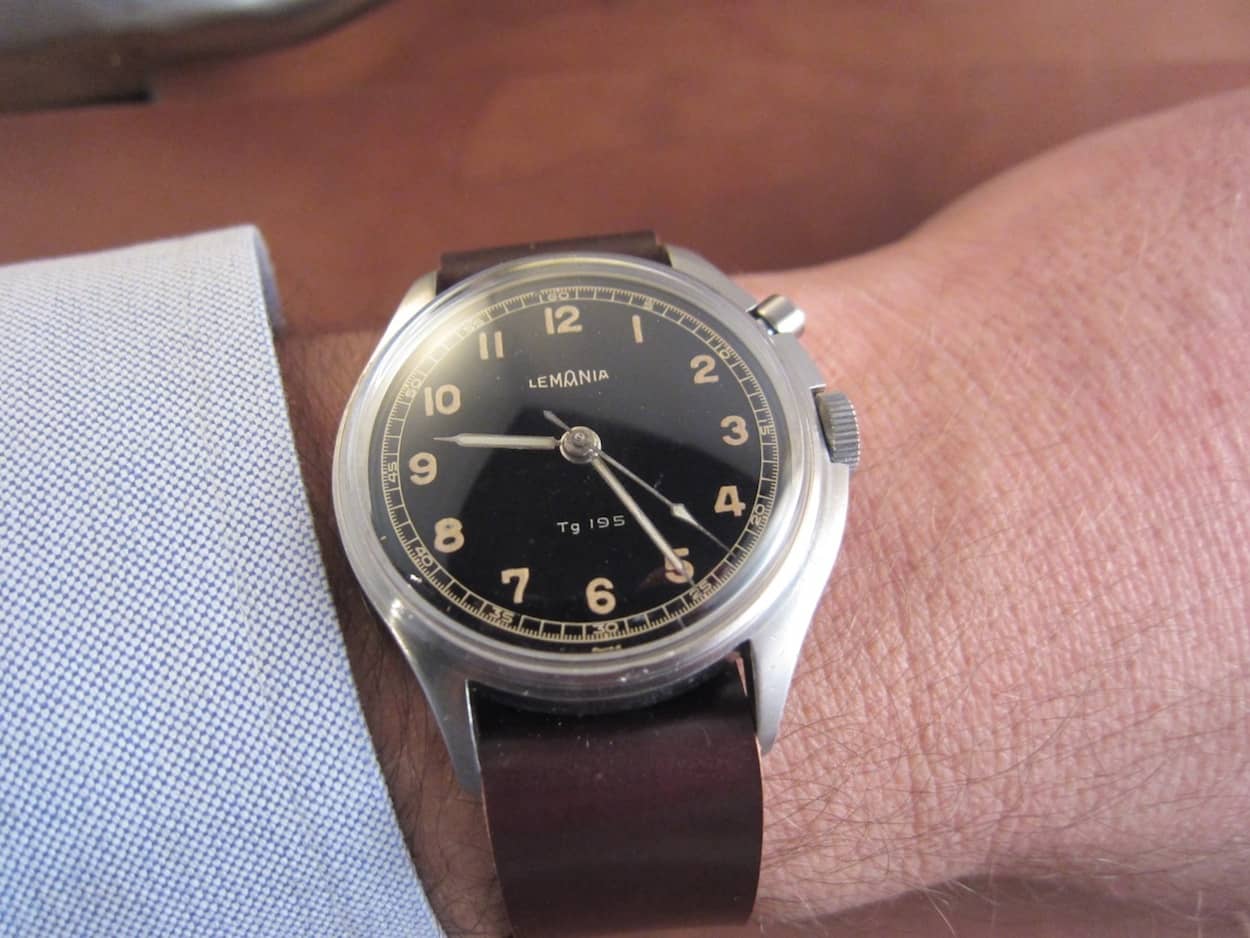 One of Myron's favorites, a Lemania military watch on one of his one-piece straps