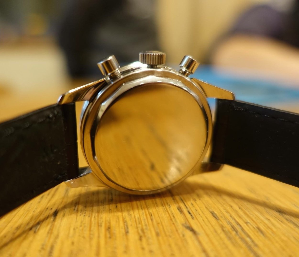The case back of the Universal Geneve Compax Nina Rindt - serial numbers are normally tough to see
