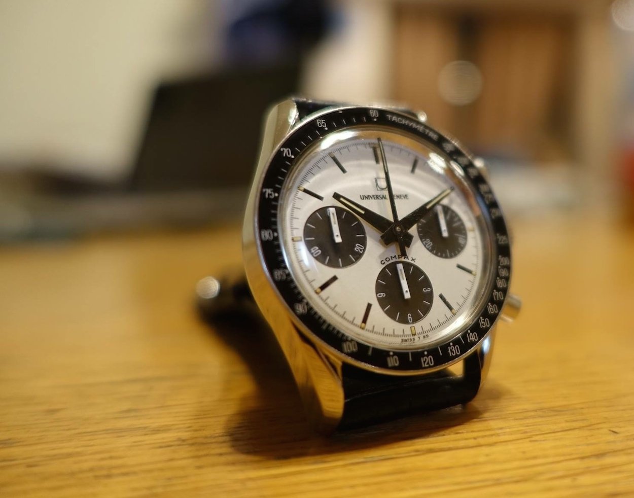 Tough to see here, but the case on this Universal Geneve Compax Nina Rindt is beautiful and sharp