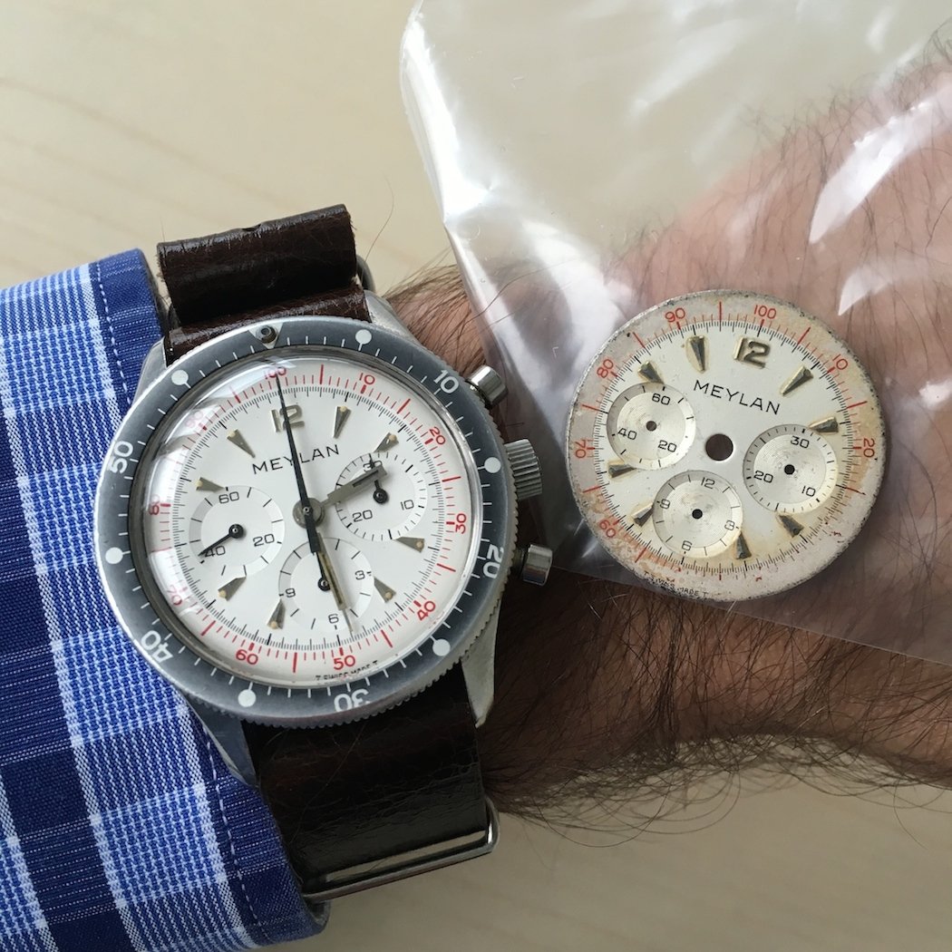 The Meylan Chronograph on the wrist with its NOS dial and the original dial happily removed.