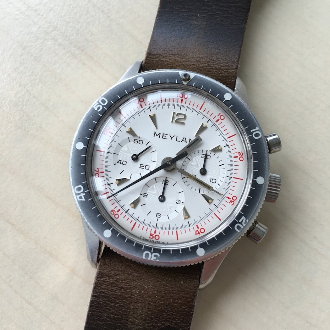 Note the great minute and hour hands on the Meylan Chronograph.