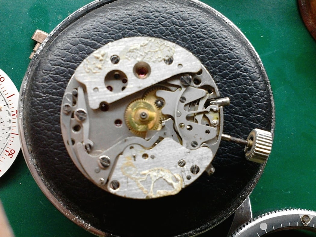 Some congealed gunk inside the Lemania 1873 of the Meylan Chronograph...yuck!