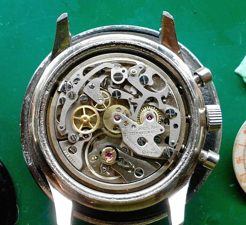 The Lemania 1873 within the Meylan Chronograph after its service.