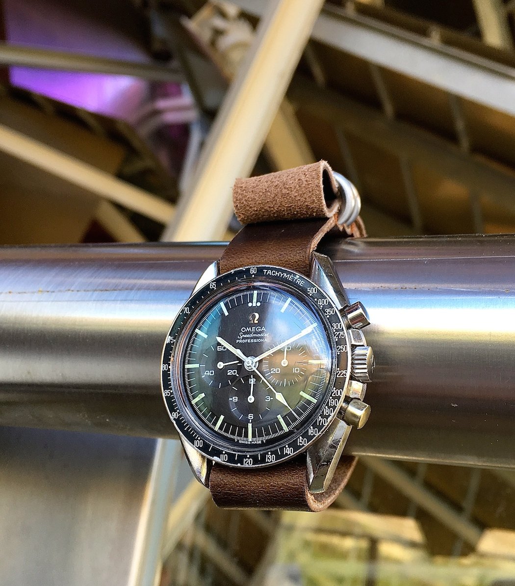 Omega Speedmaster 145.012 against the purple titanium used by Frank Gehry