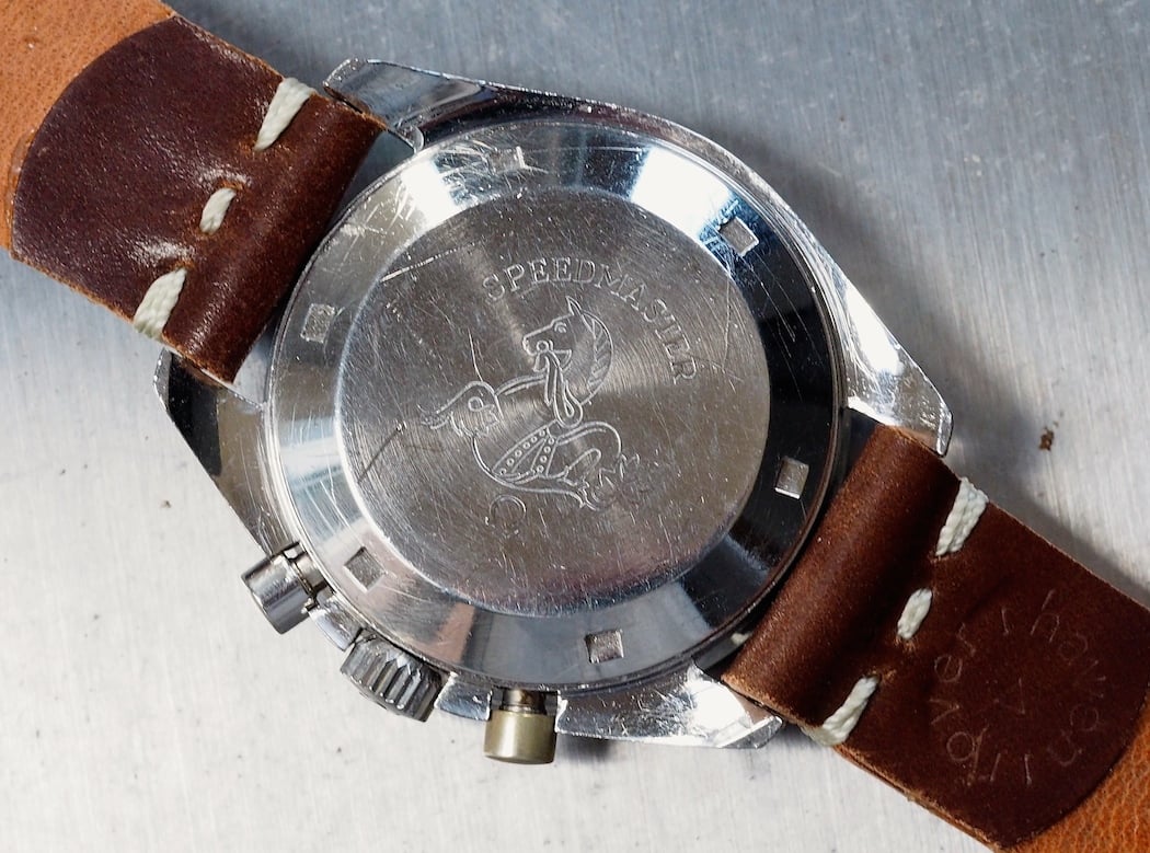 The single-stepped case back of the Omega Speedmaster 145.012