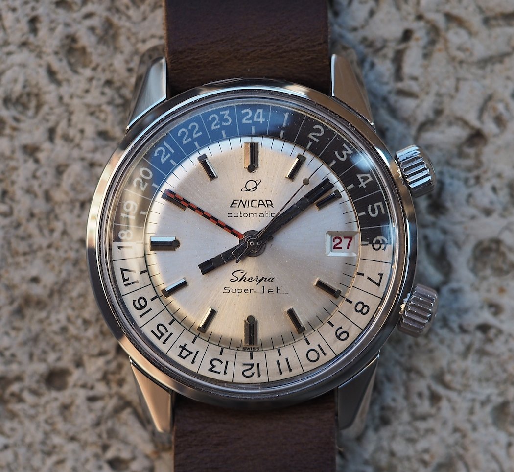 Many font differences on the dial of the Enicar Sherpa Super Jet only add to the charm.