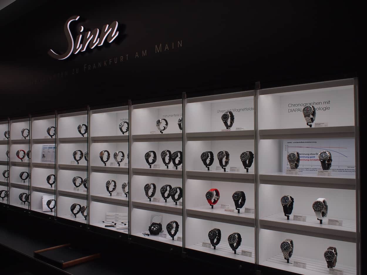 The display cases in the Sinn boutique