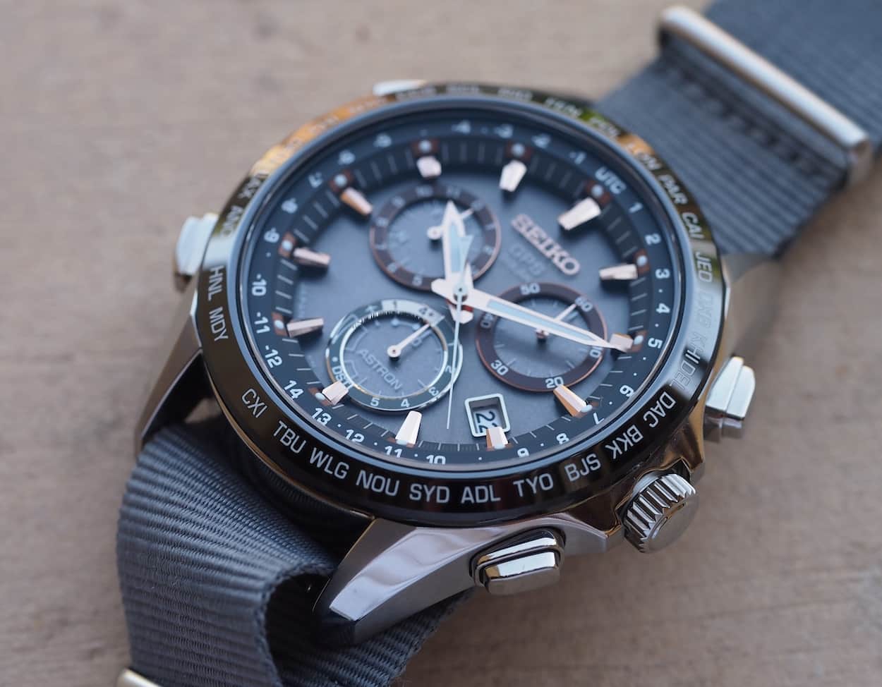 Black ceramic bezel on the Seiko Astron