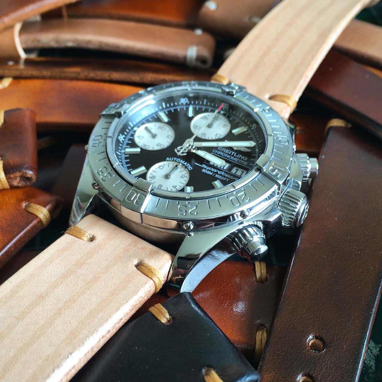 Breitling Superocean on a lightly striped BCatt watch strap