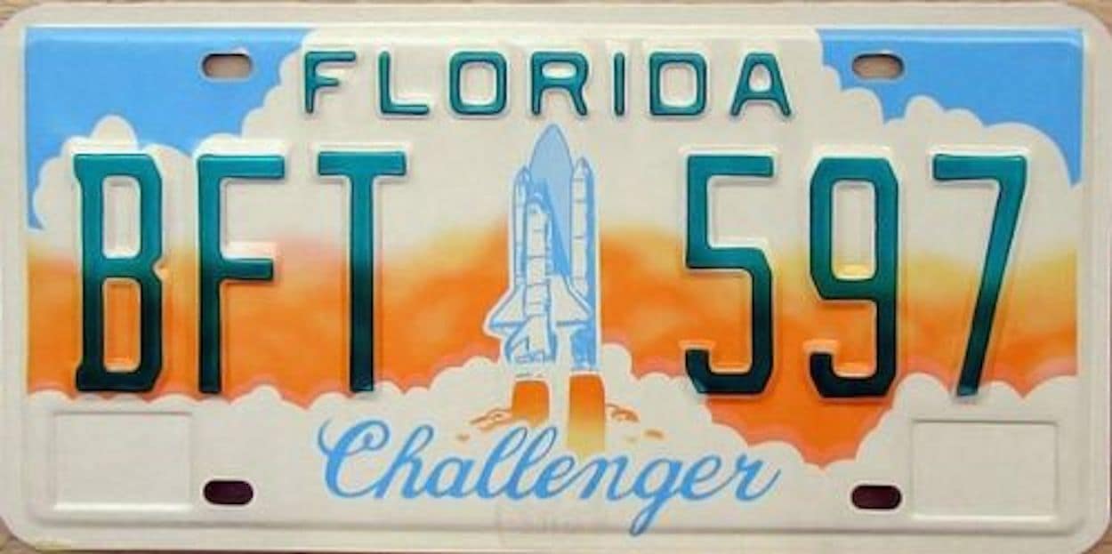 The original Challenger dedication license plate - they were everywhere after the 1986 disaster.
