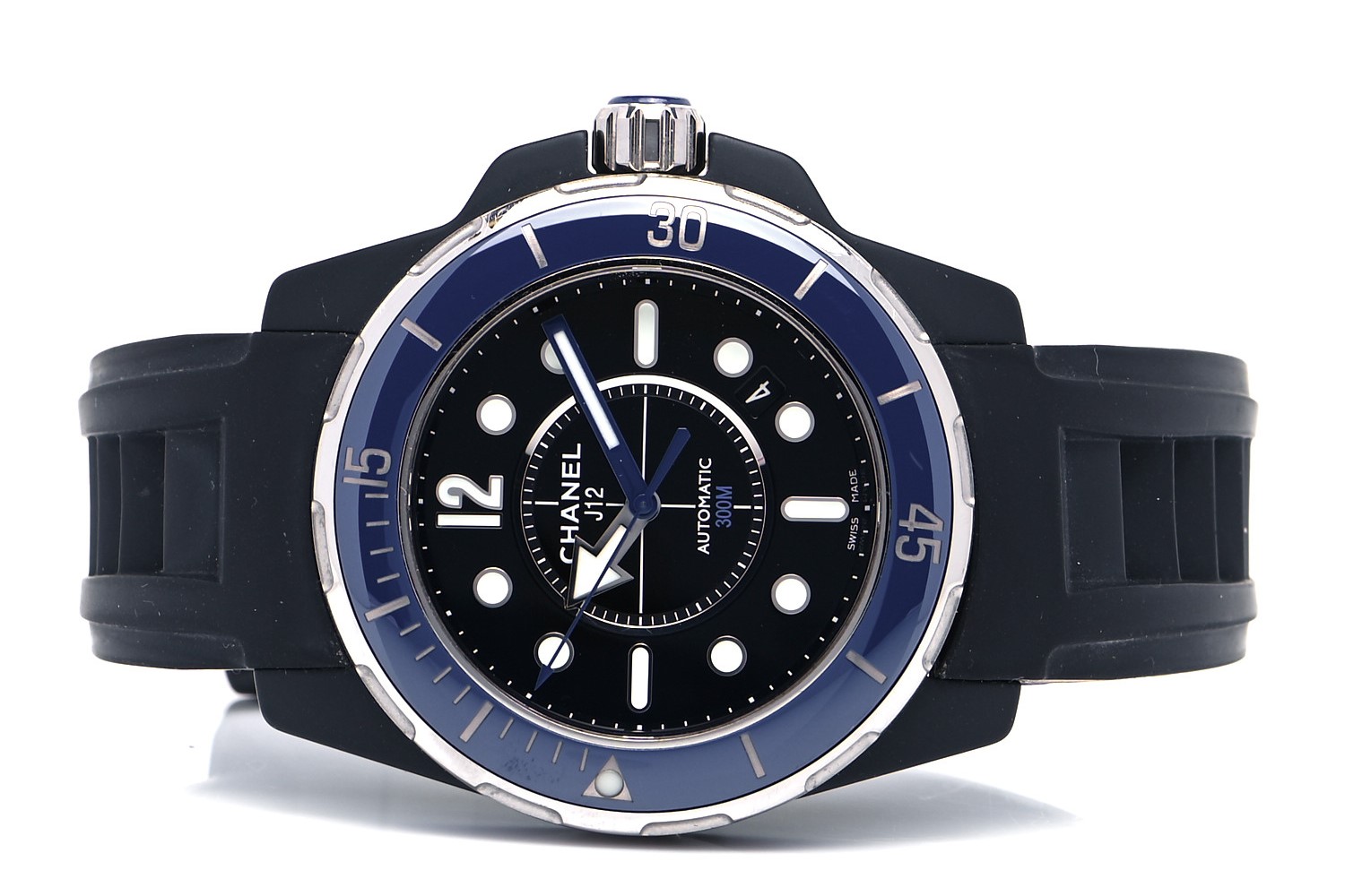 CERAMIC CHANEL J12 MARINE 42MM WATCH W/BLUE BEZEL & BLACK RUBBER STRAP