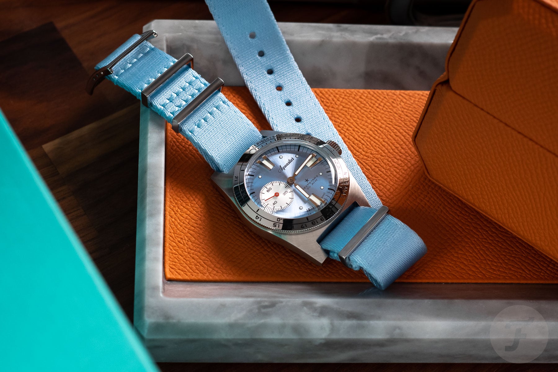 blue-dial Fratello × Aquastar Deepstar II with NATO strap