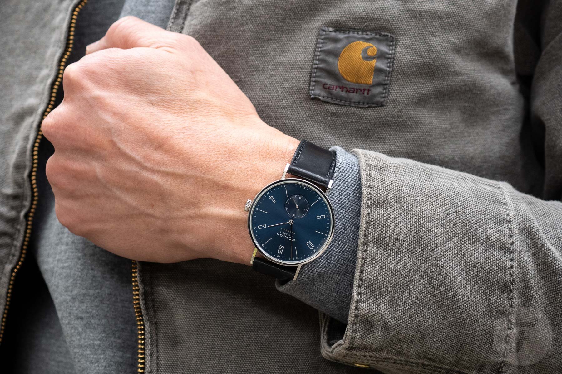 blue-dial Nomos Tangente Neomatik 39 on wrist
