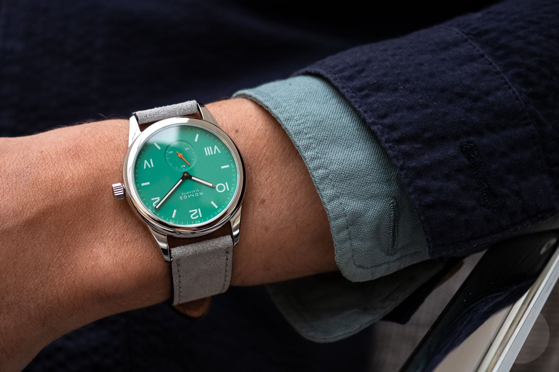 Nomos Club Campus 38 Electric Green on wrist