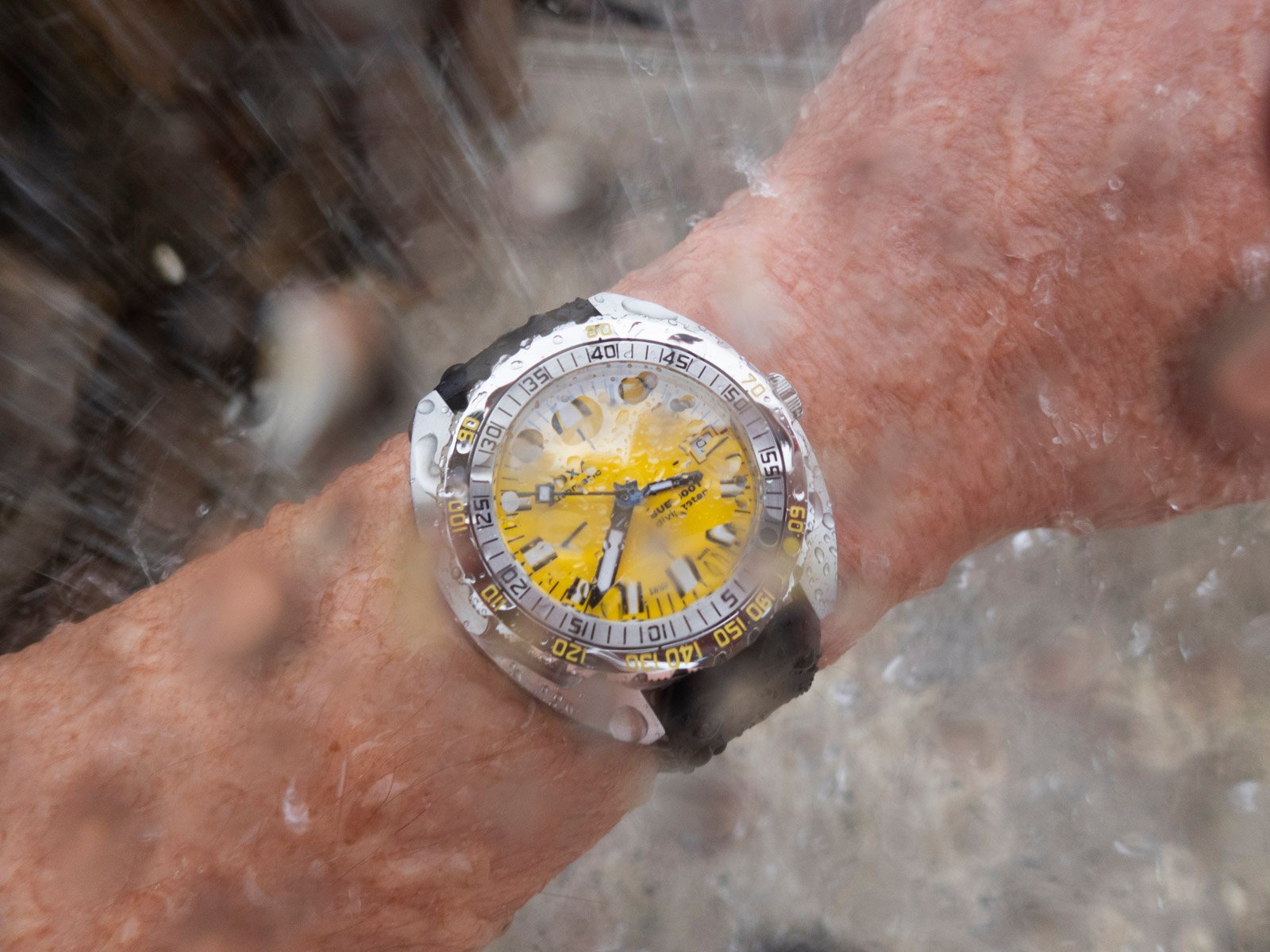 Doxa Sub 300T Divingstar on wrist under shower