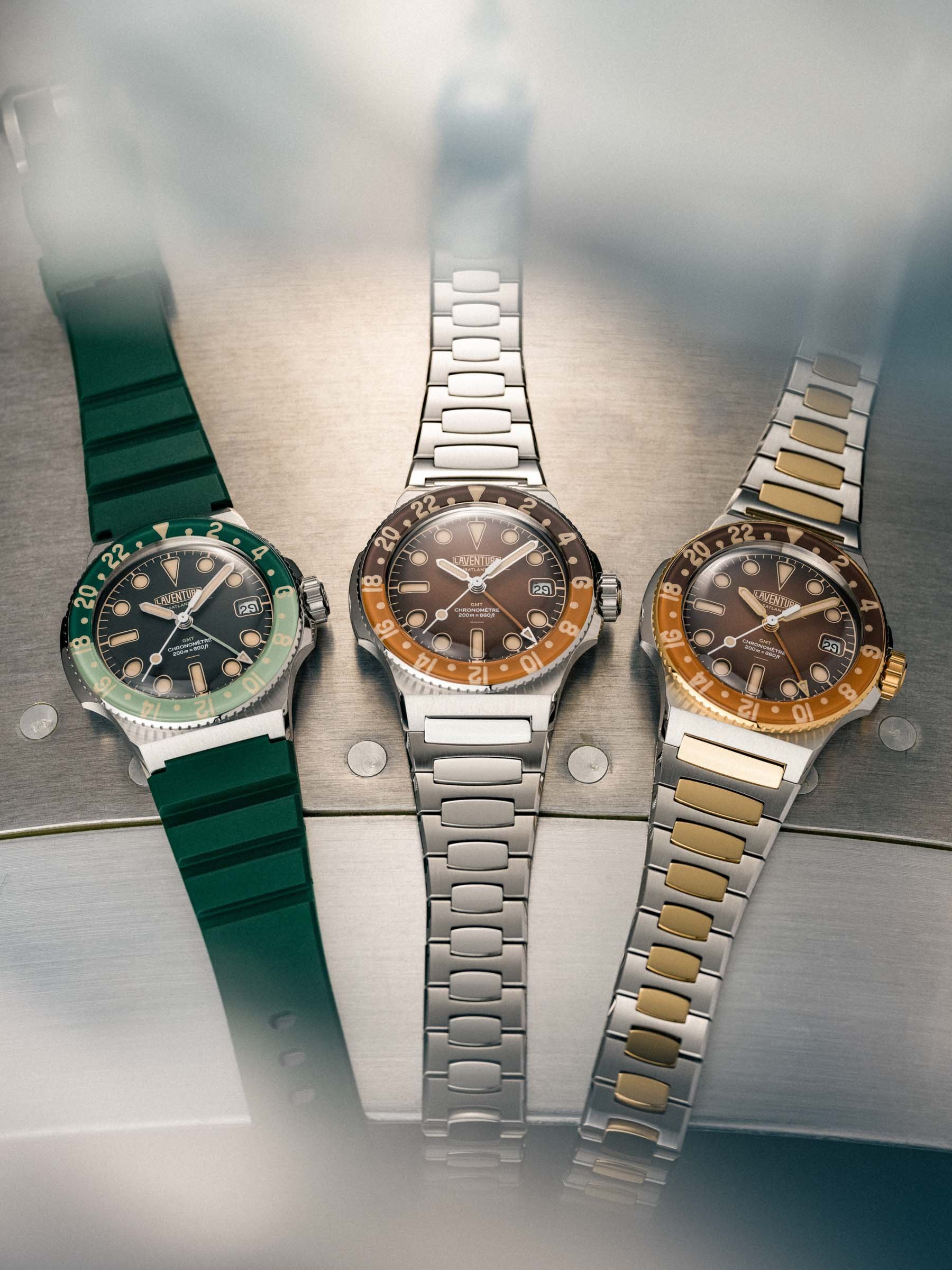 Laventure Transatlantique II GMT lineup, flat-lay