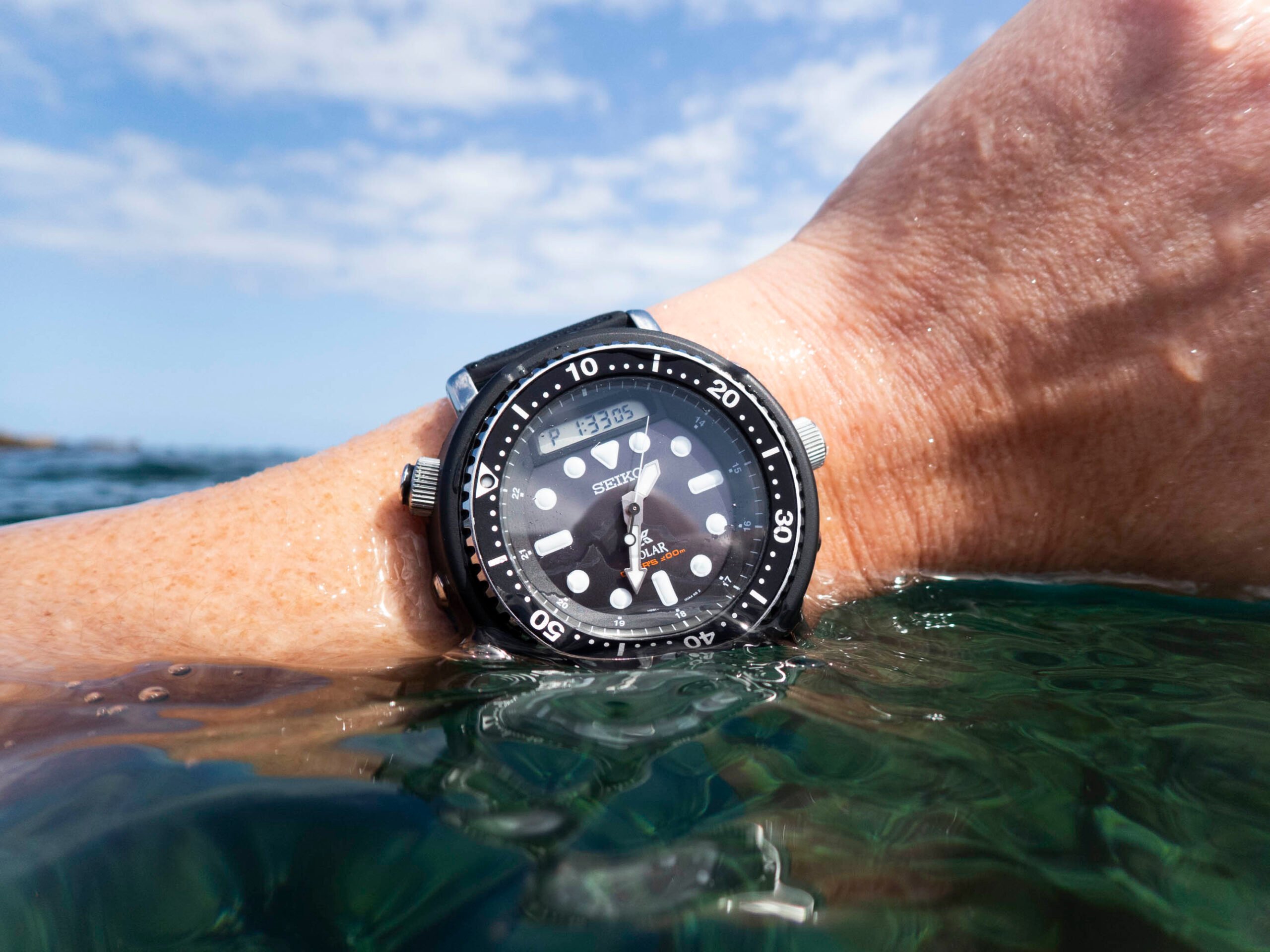 Seiko Prospex "Arnie" SNJ025 on wrist, coming out of ocean