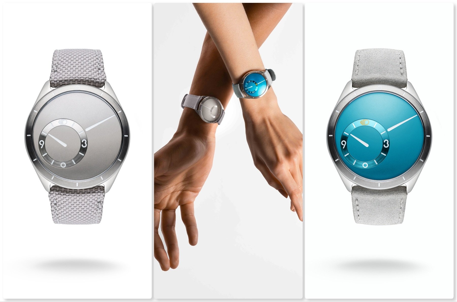 Ressence Type 9 Gray and Aqua worn separately on wrist