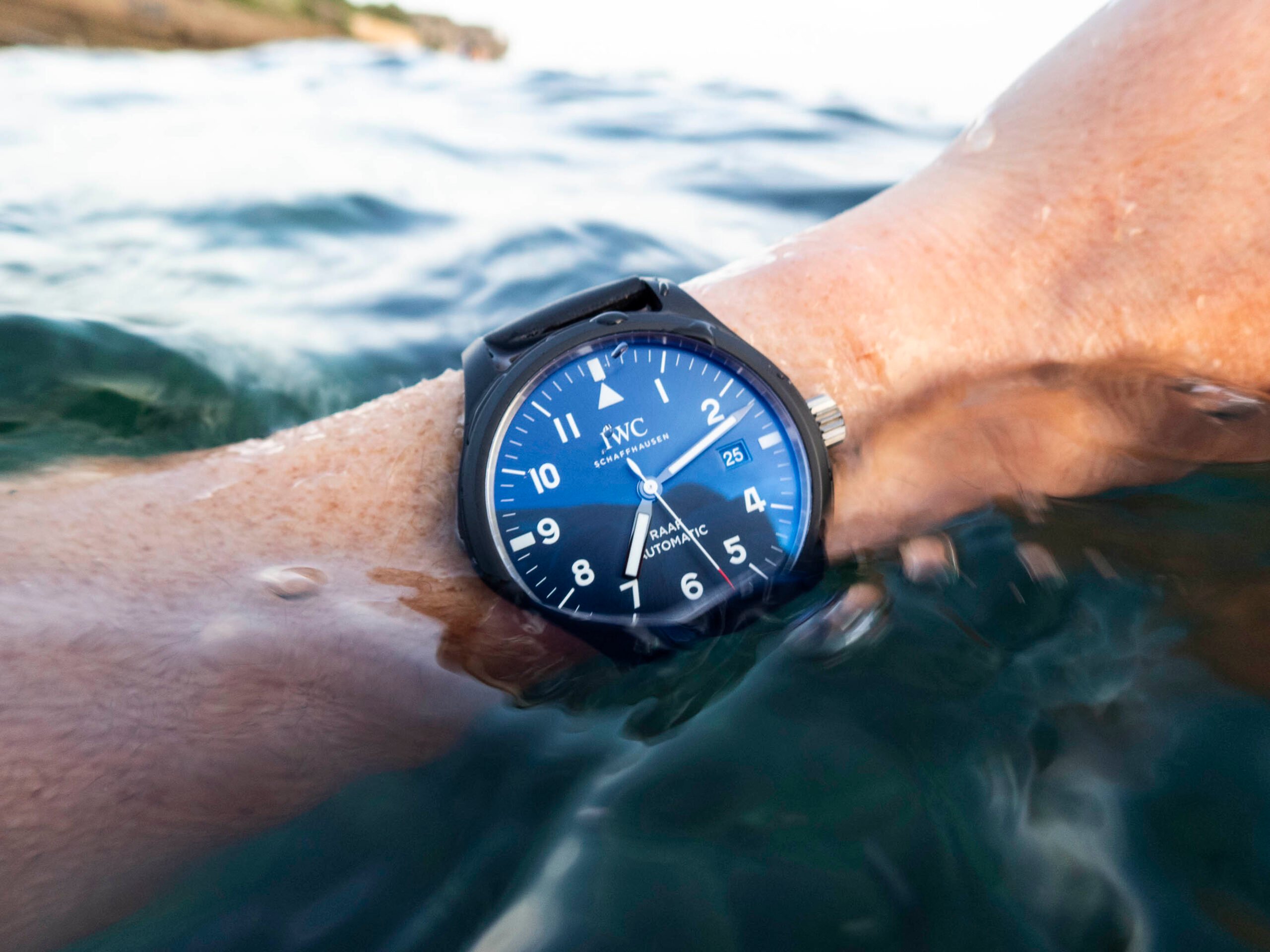 water resistance — IWC RAAF Automatic on wrist in water