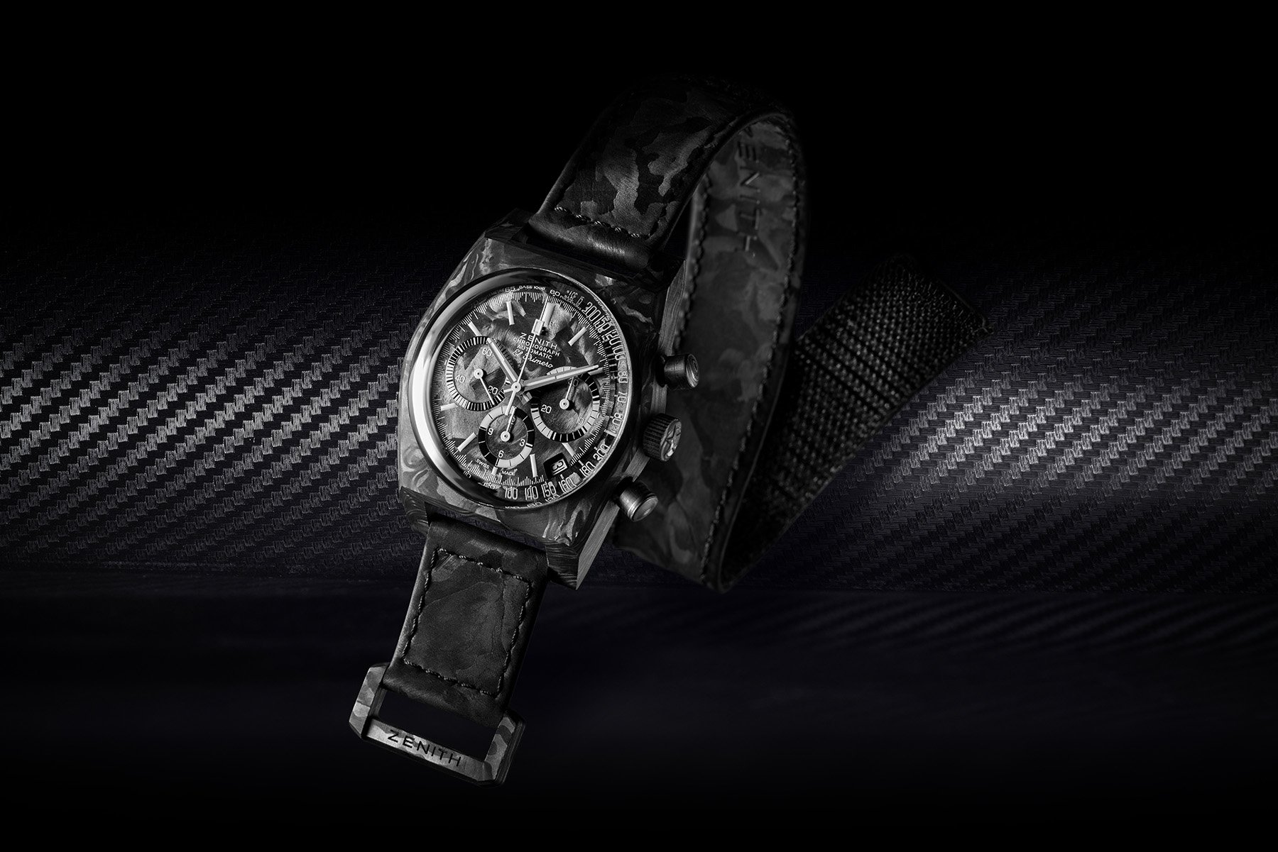 Zenith × Revolution Chronomaster Revival A3818 "Cover Girl Carbon" on strap