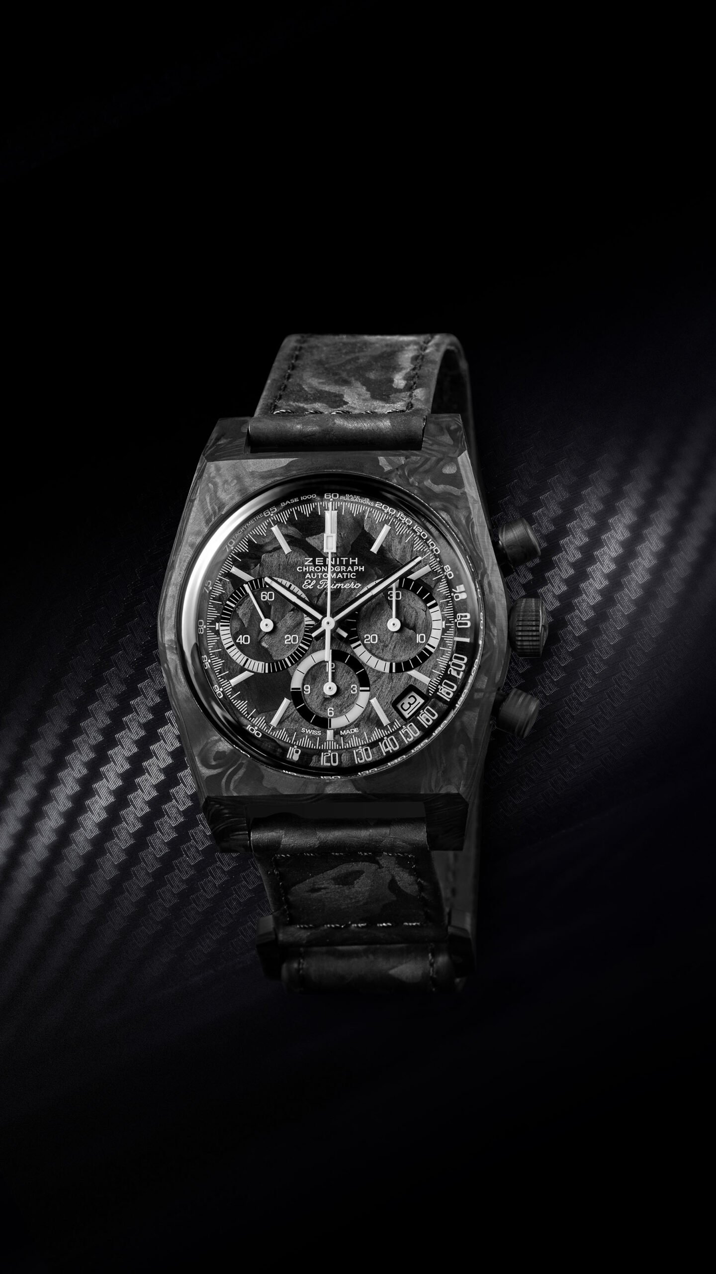 Zenith × Revolution Chronomaster Revival A3818 "Cover Girl Carbon" hero on strap