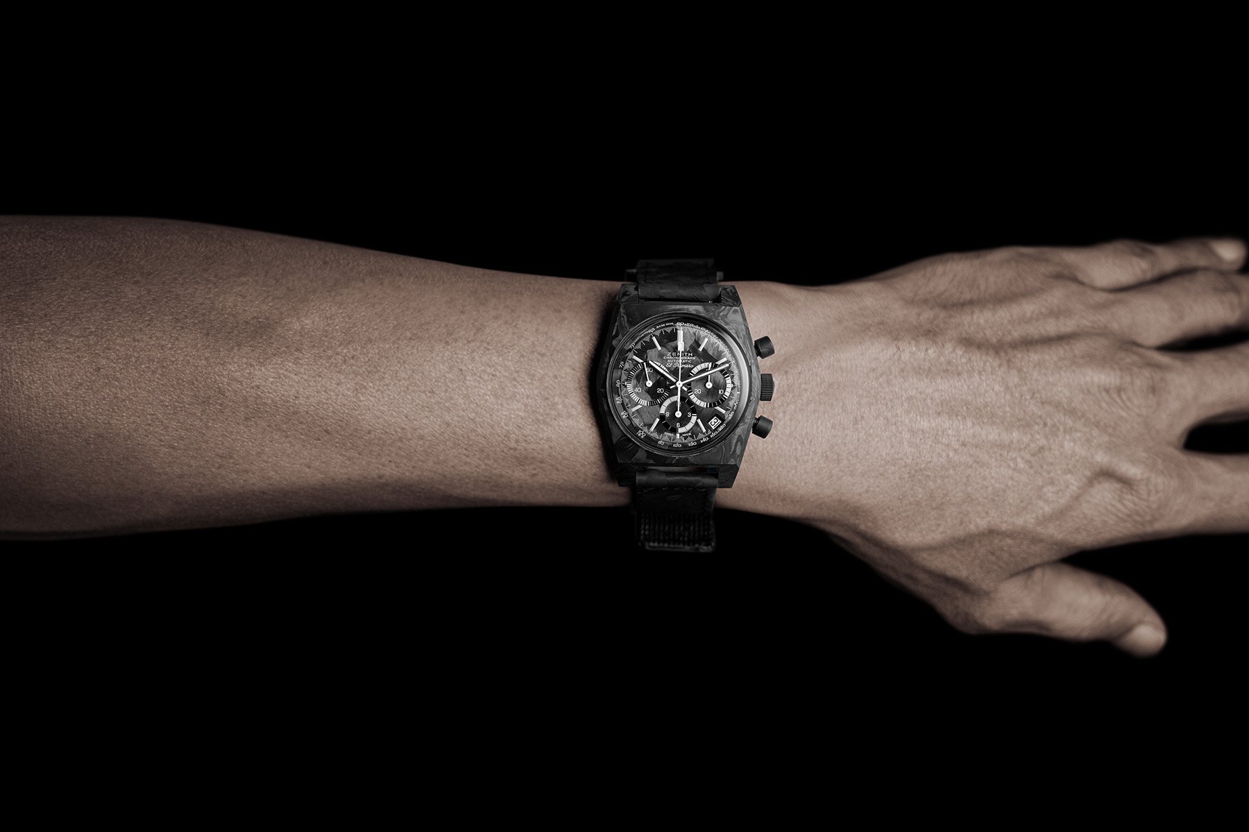 Zenith × Revolution Chronomaster Revival A3818 “Cover Girl Carbon” on wrist