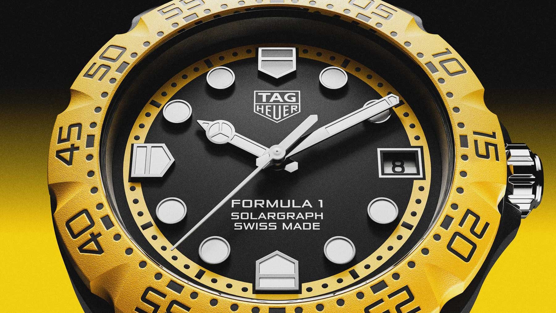 yellow and black TAG Heuer Formula 1 Solargraph ref. WBY1117.FT8087 close up