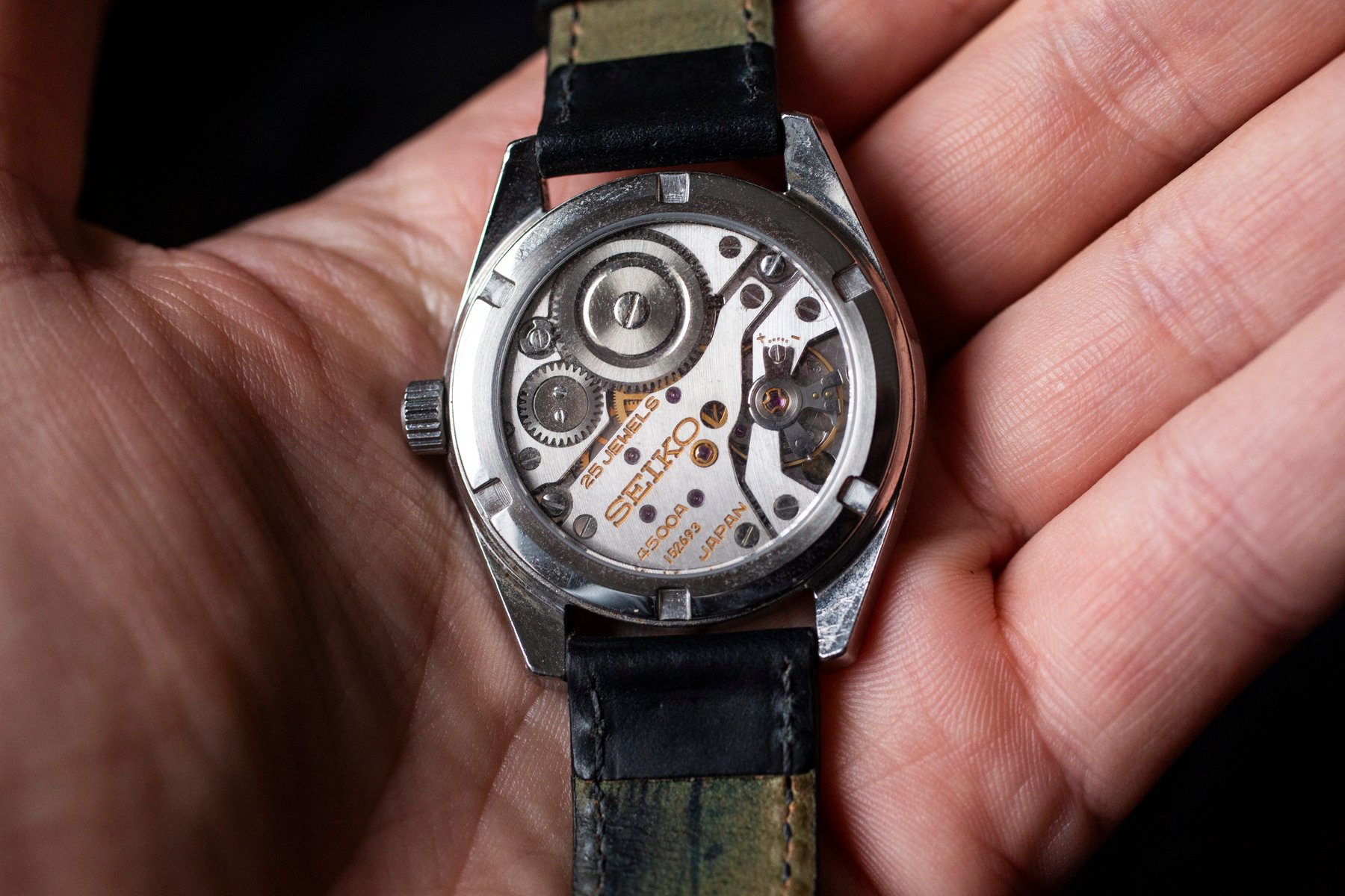King Seikp 45KS with sapphire case back in hand