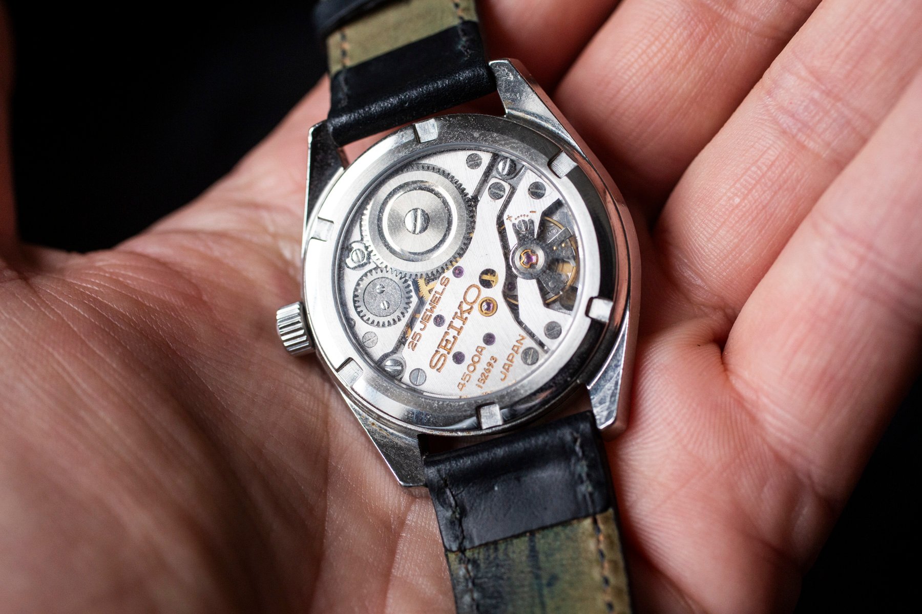King Seiko 45KS with sapphire case back in hand