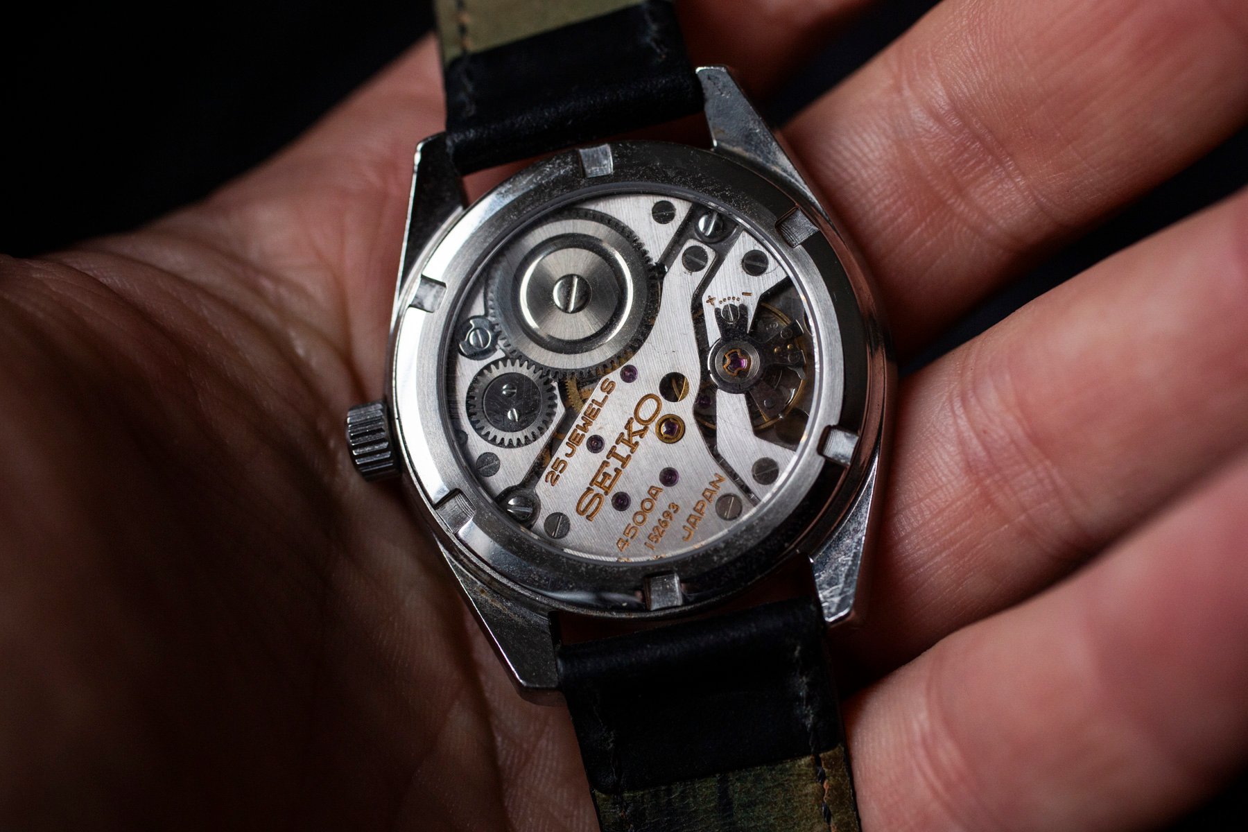 King Seiko 45KS with sapphire case back in hand